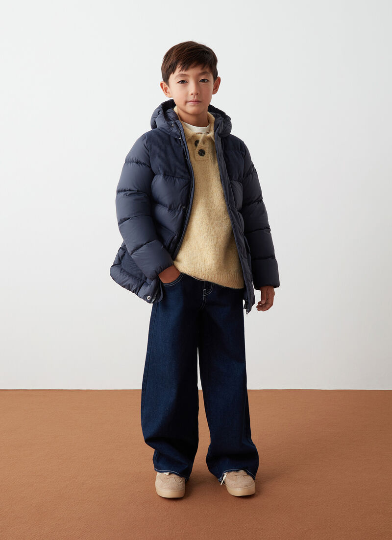 Down-padded parka with corduroy inserts