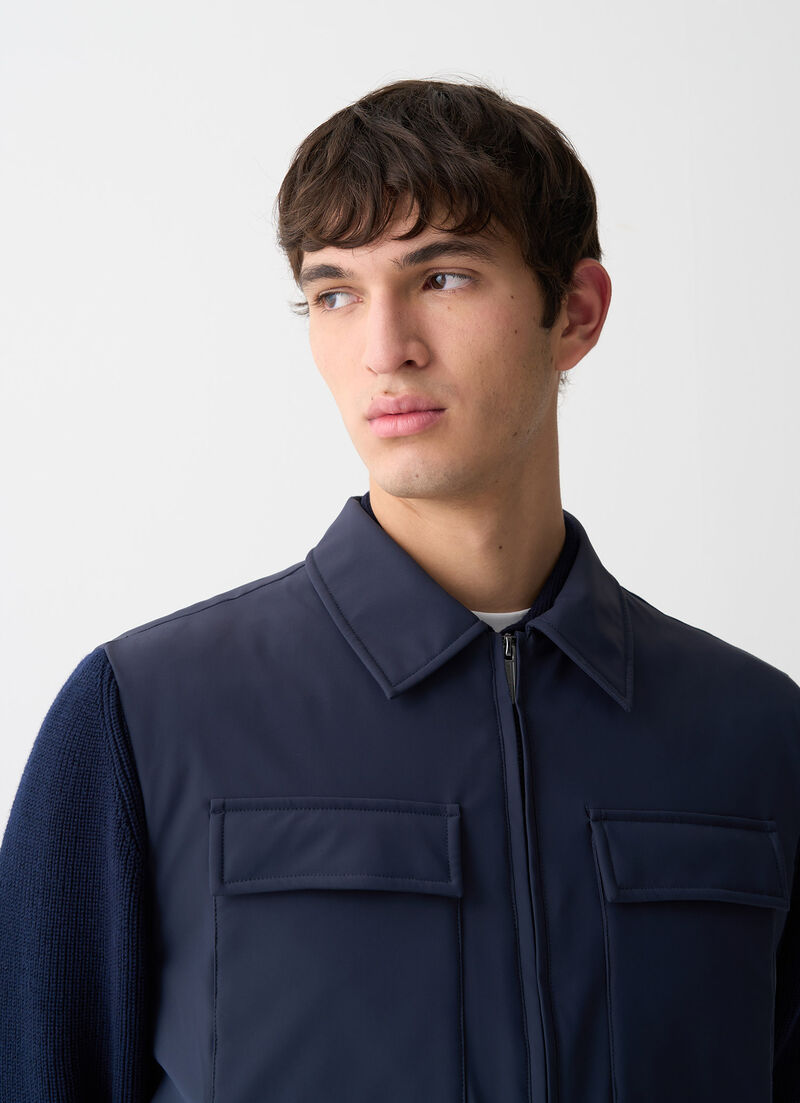 Shirt jacket with knit sleeves