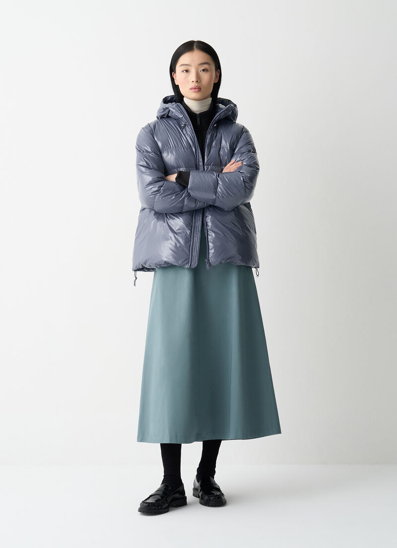 Glossy hooded down jacket with drawstring