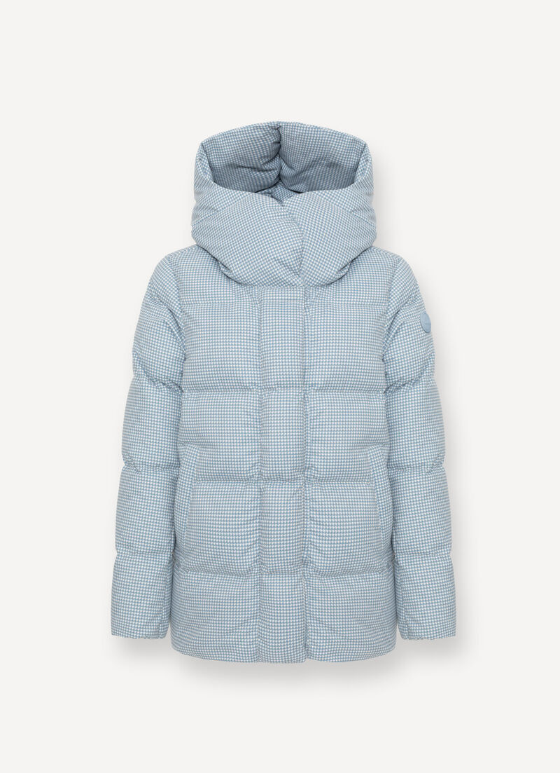 Houndstooth down jacket with maxi-hood