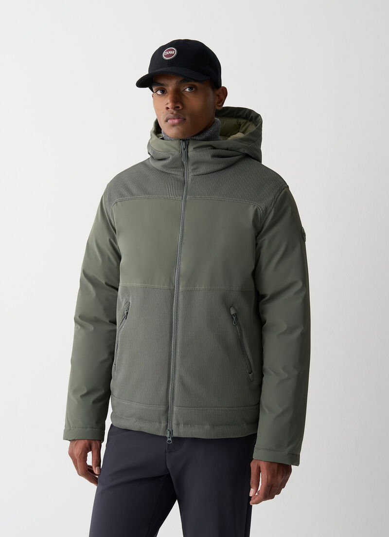 Bi-material hooded down jacket