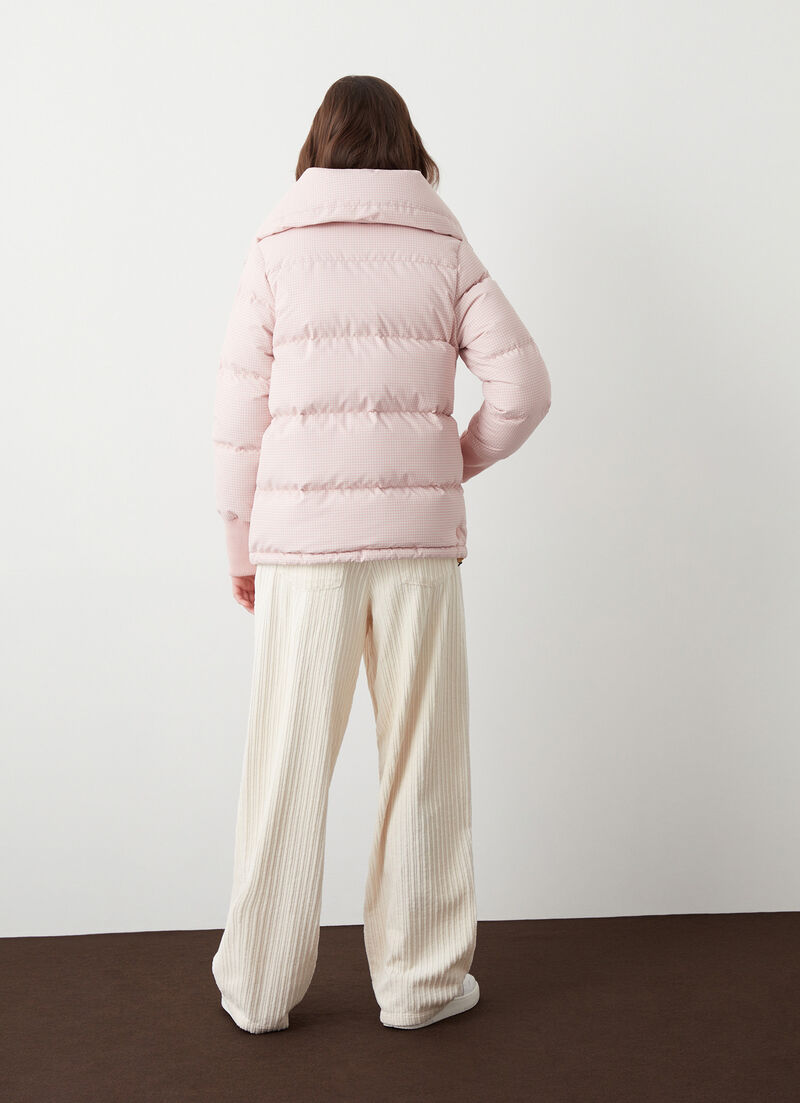 Houndstooth down jacket with knit cuffs