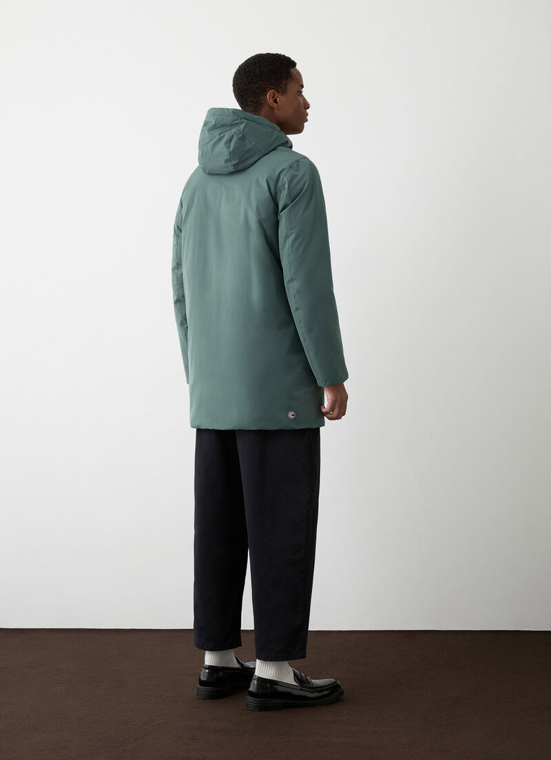 Long reversible down jacket with seamless interior