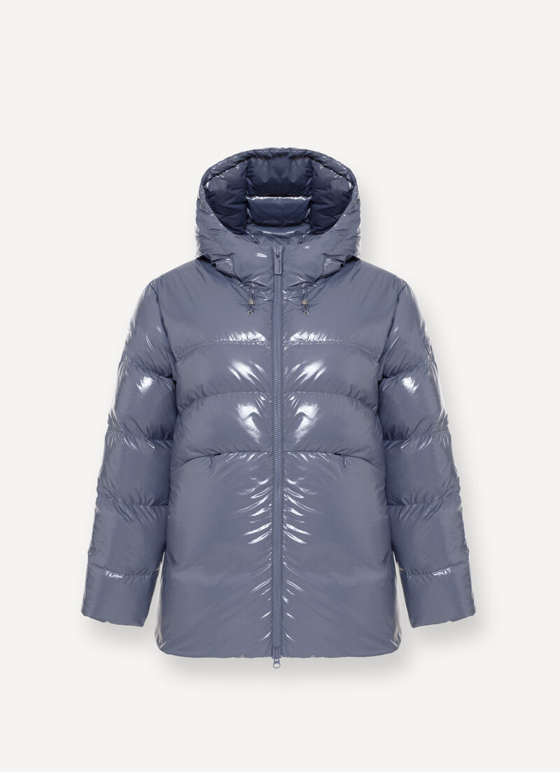 Glossy hooded down jacket with drawstring