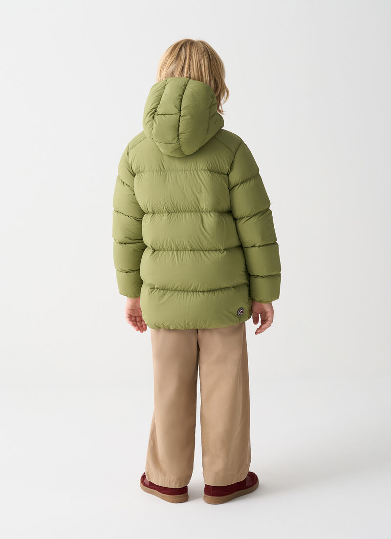 Down jacket with hood and multiple pockets