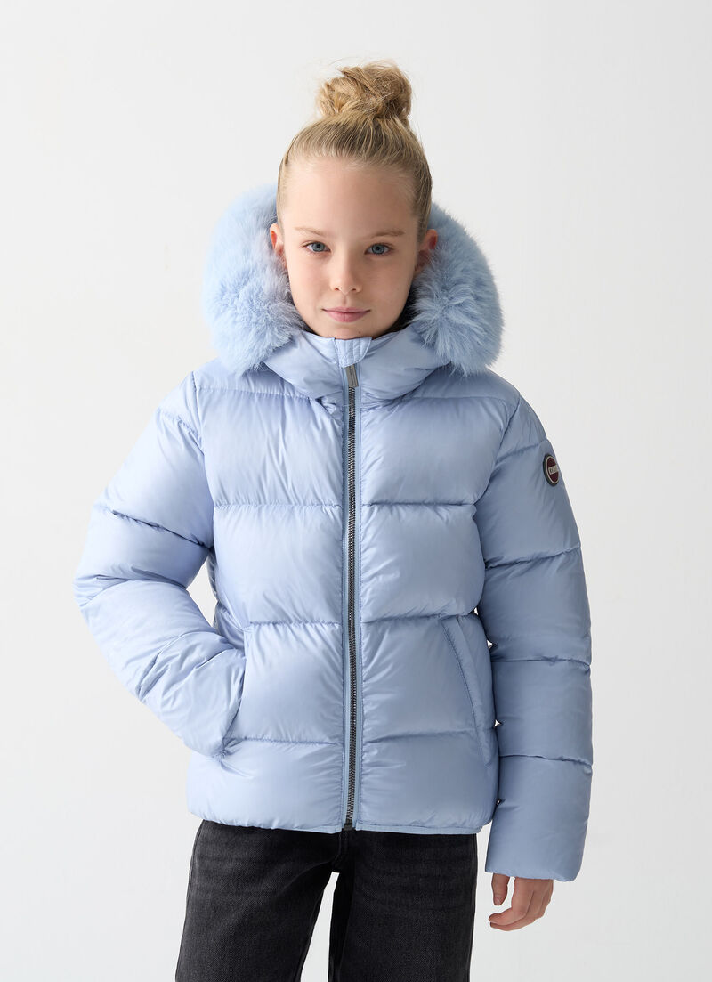 Glossy down jacket with fur