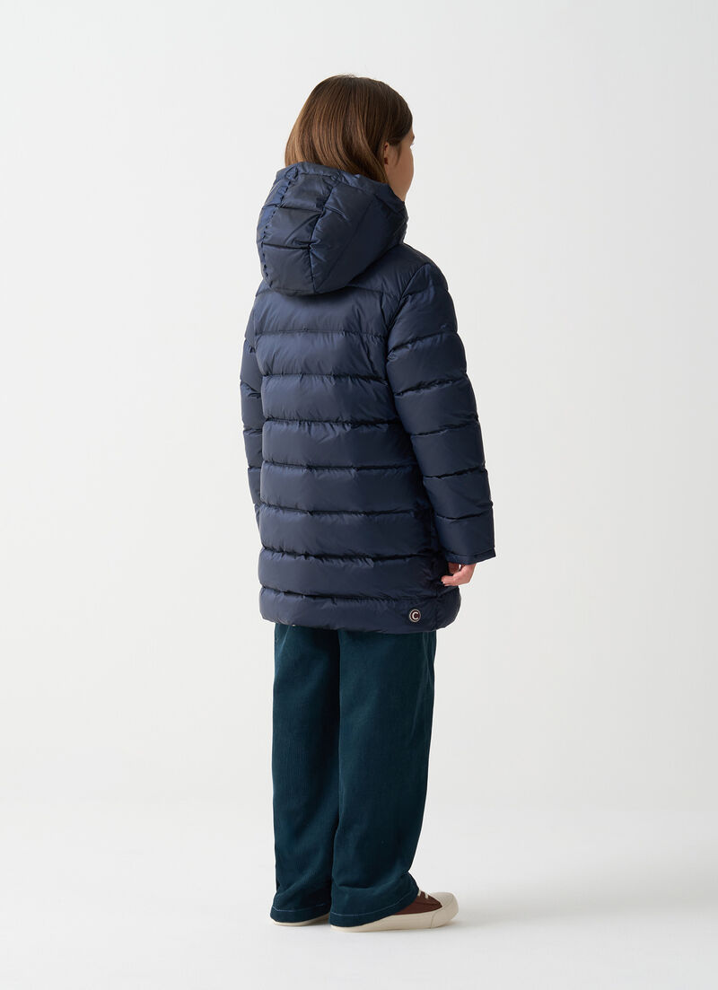 Reversible hooded mid-length down jacket