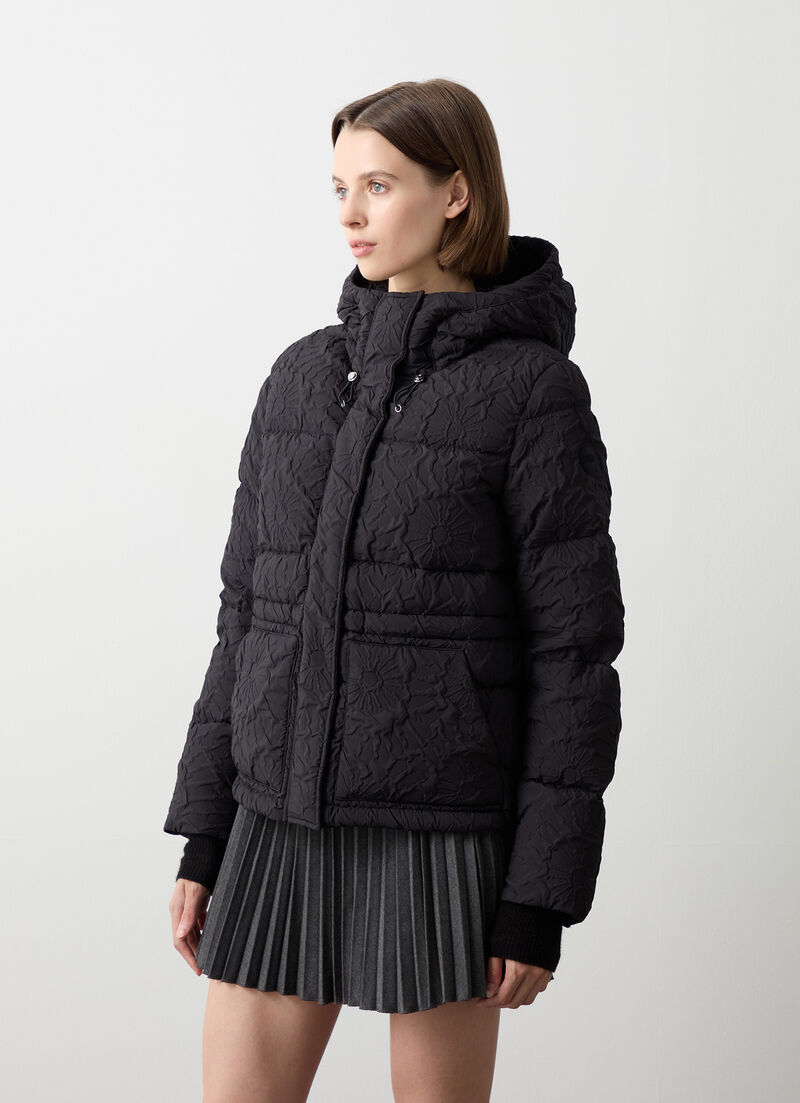 Short down jacket with 3D floral design and drawstring