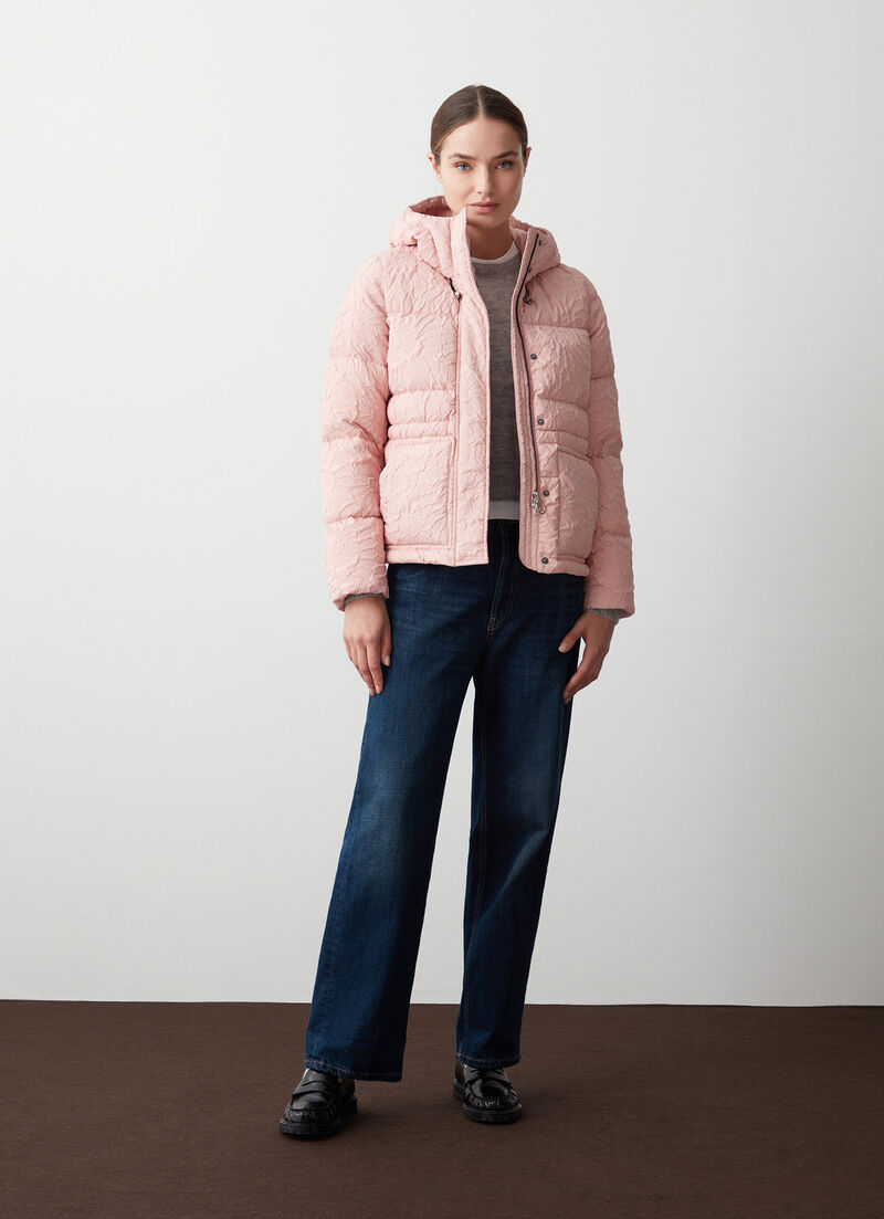 Short down jacket with 3D floral design and drawstring