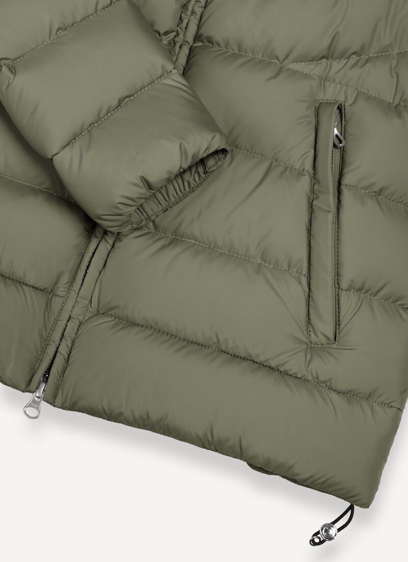 Down jacket with fixed hood in matt fabric