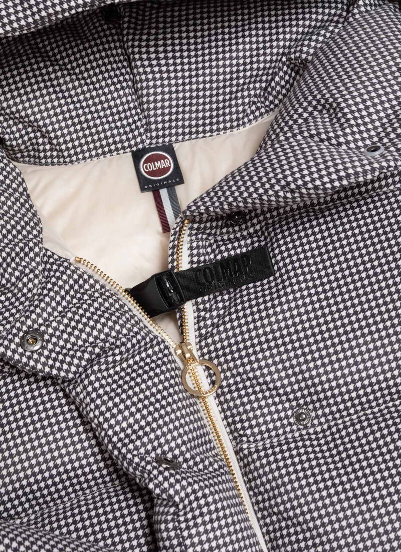 Houndstooth down jacket with maxi-hood