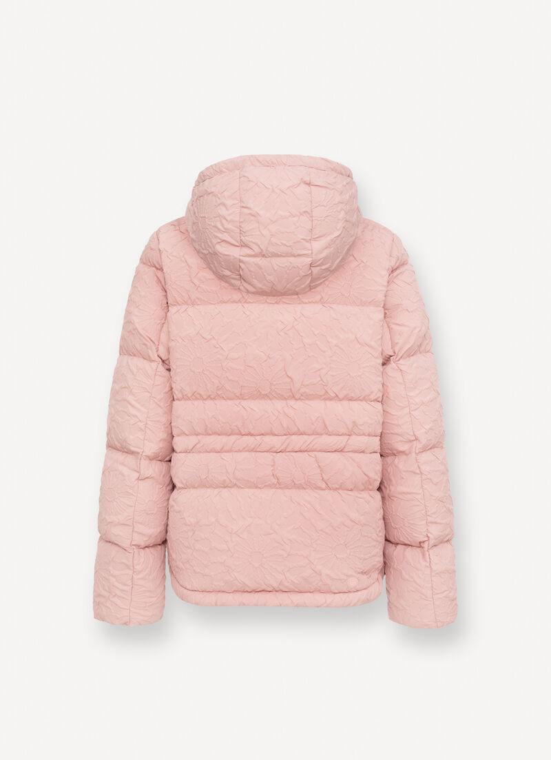 Short down jacket with 3D floral design and drawstring