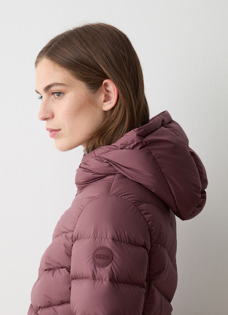 Down jacket with fixed hood in matt fabric