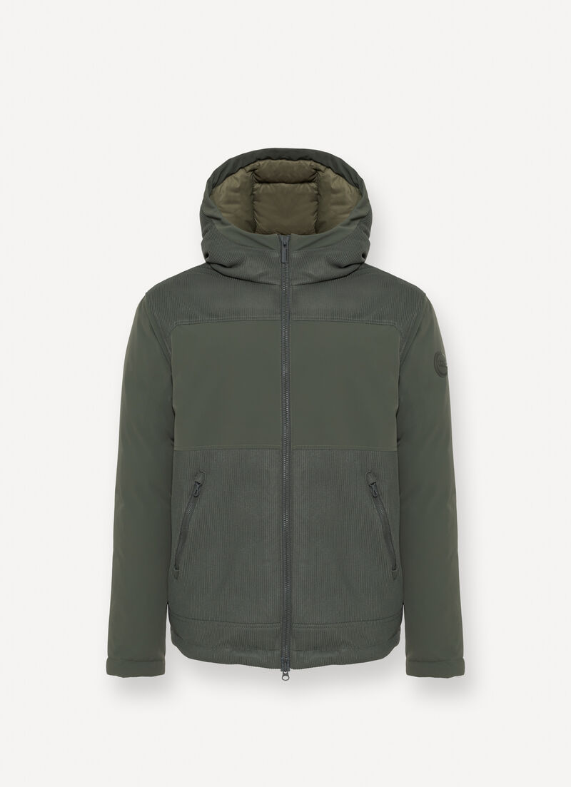 Bi-material hooded down jacket