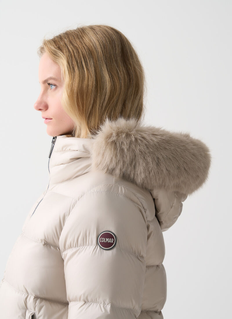 Turtle neck down jacket with faux fur