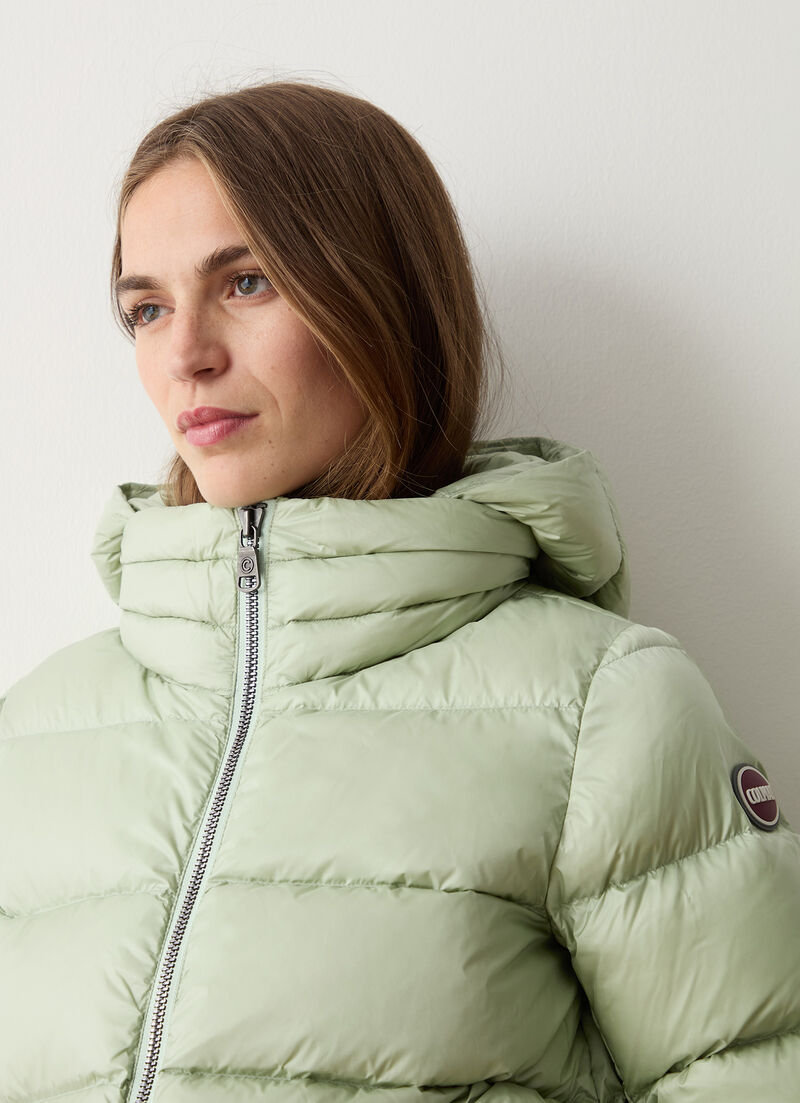 Down jacket with detachable hood and drawstring