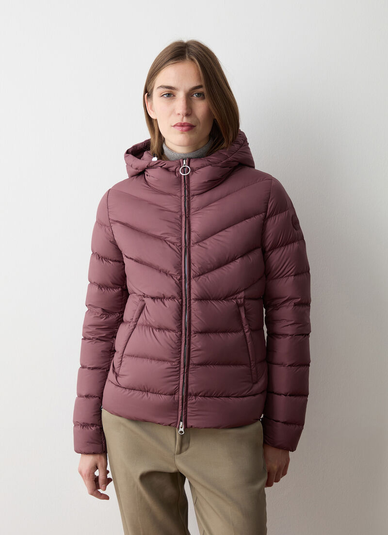 Down jacket with fixed hood in matt fabric