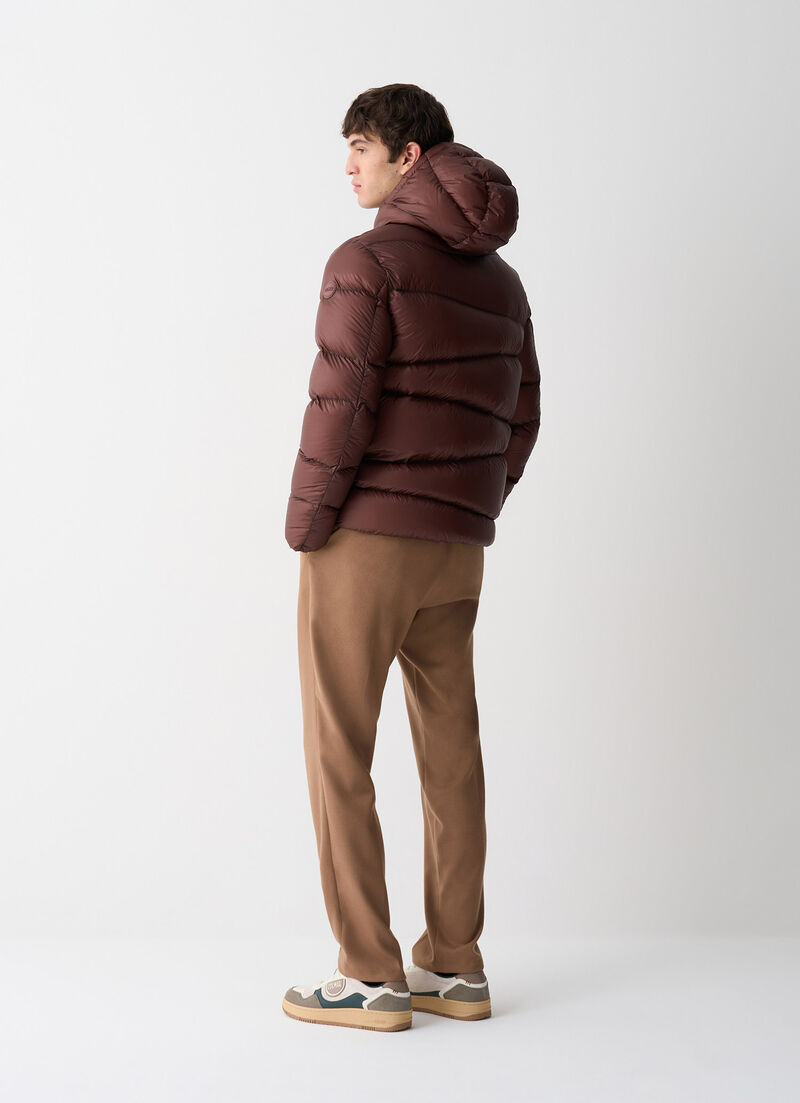 Hooded down jacket with wavy quilting