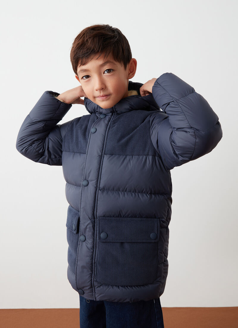 Down-padded parka with corduroy inserts