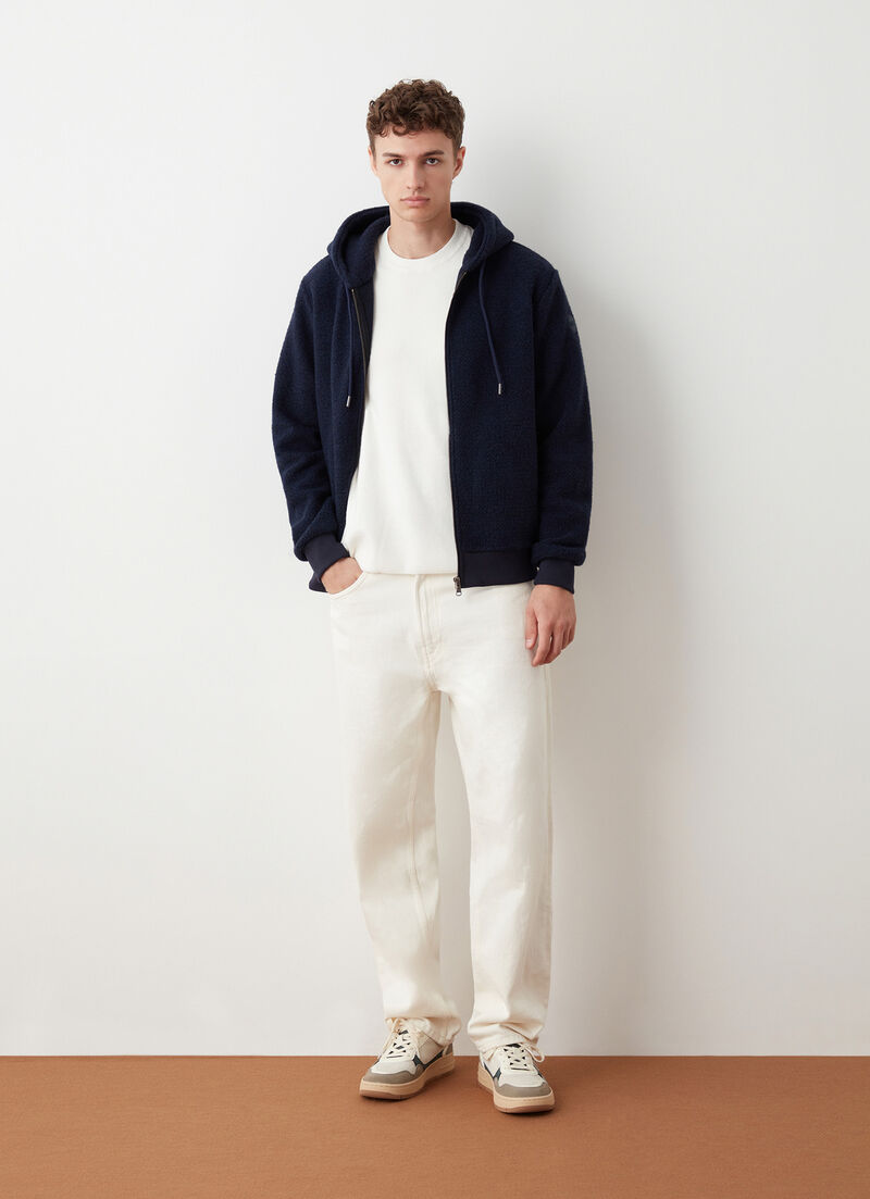 Hooded wool sweatshirt with knit effect