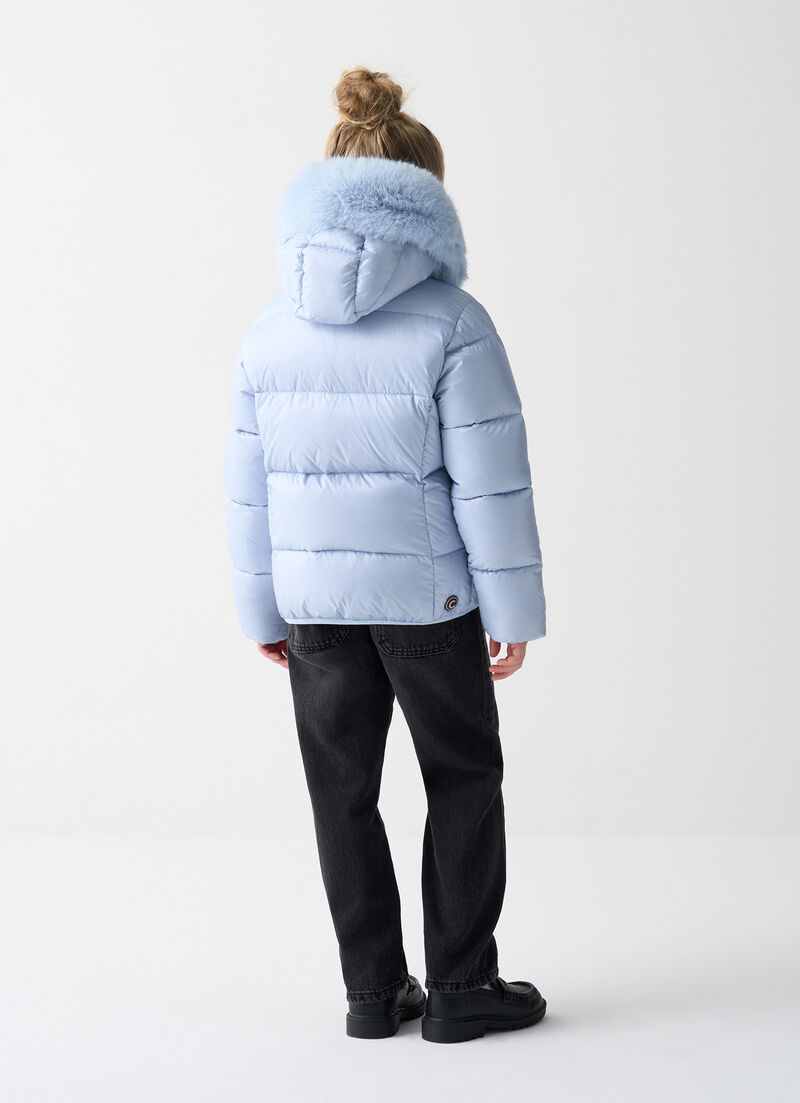 Glossy down jacket with fur