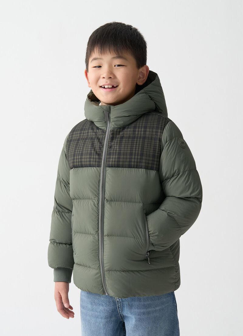 Check hooded down jacket