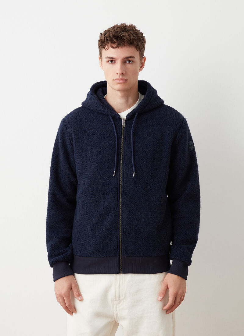 Hooded wool sweatshirt with knit effect