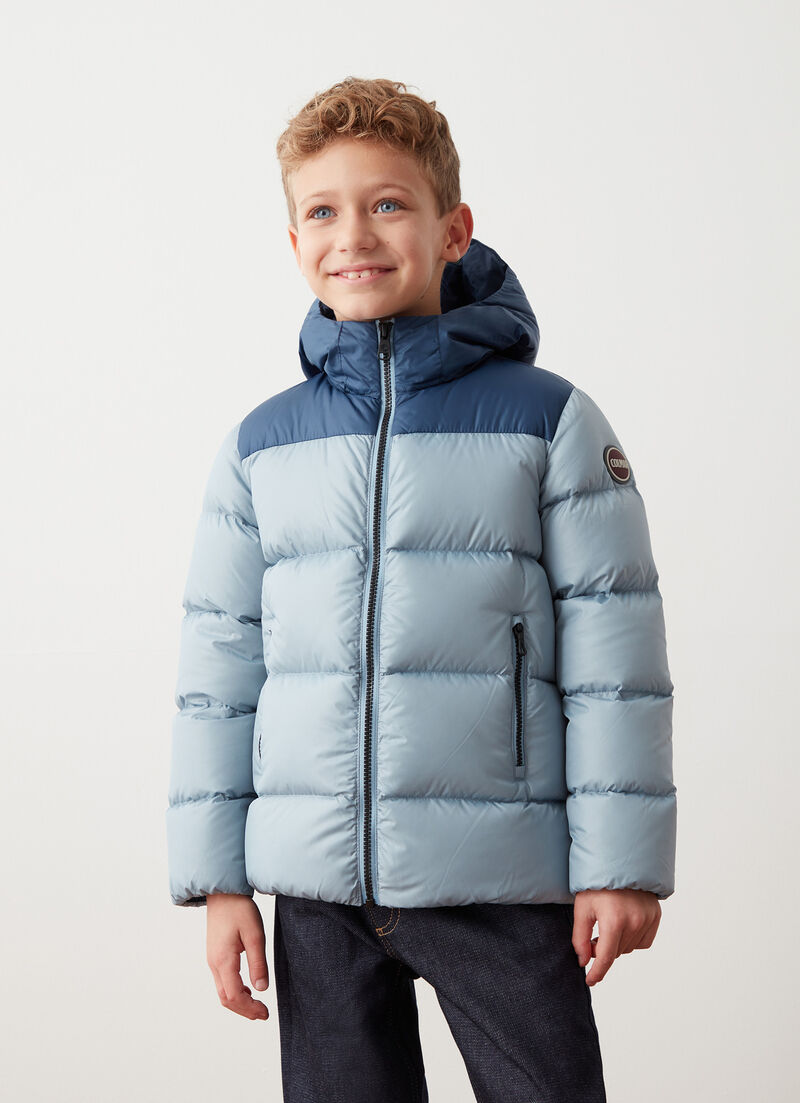 Two-tone hooded down jacket