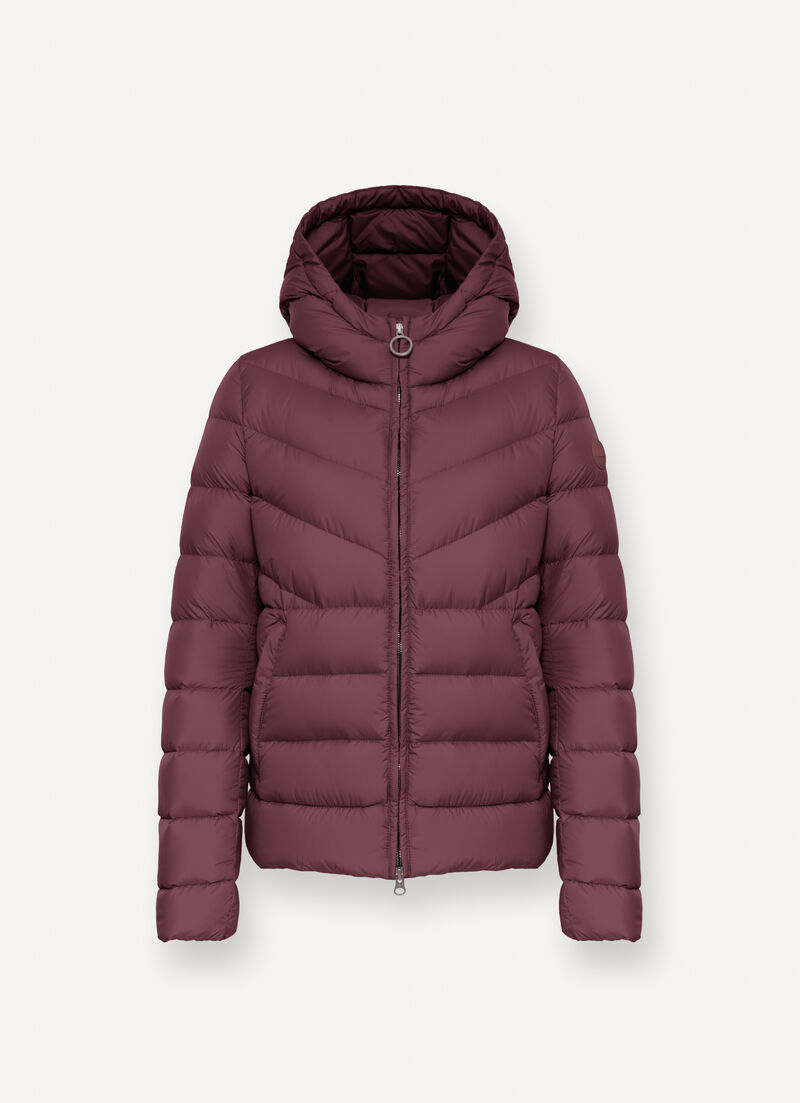 Down jacket with fixed hood in matt fabric