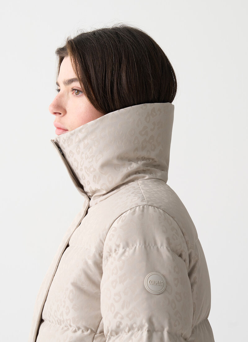 Animal-print down jacket with maxi-collar