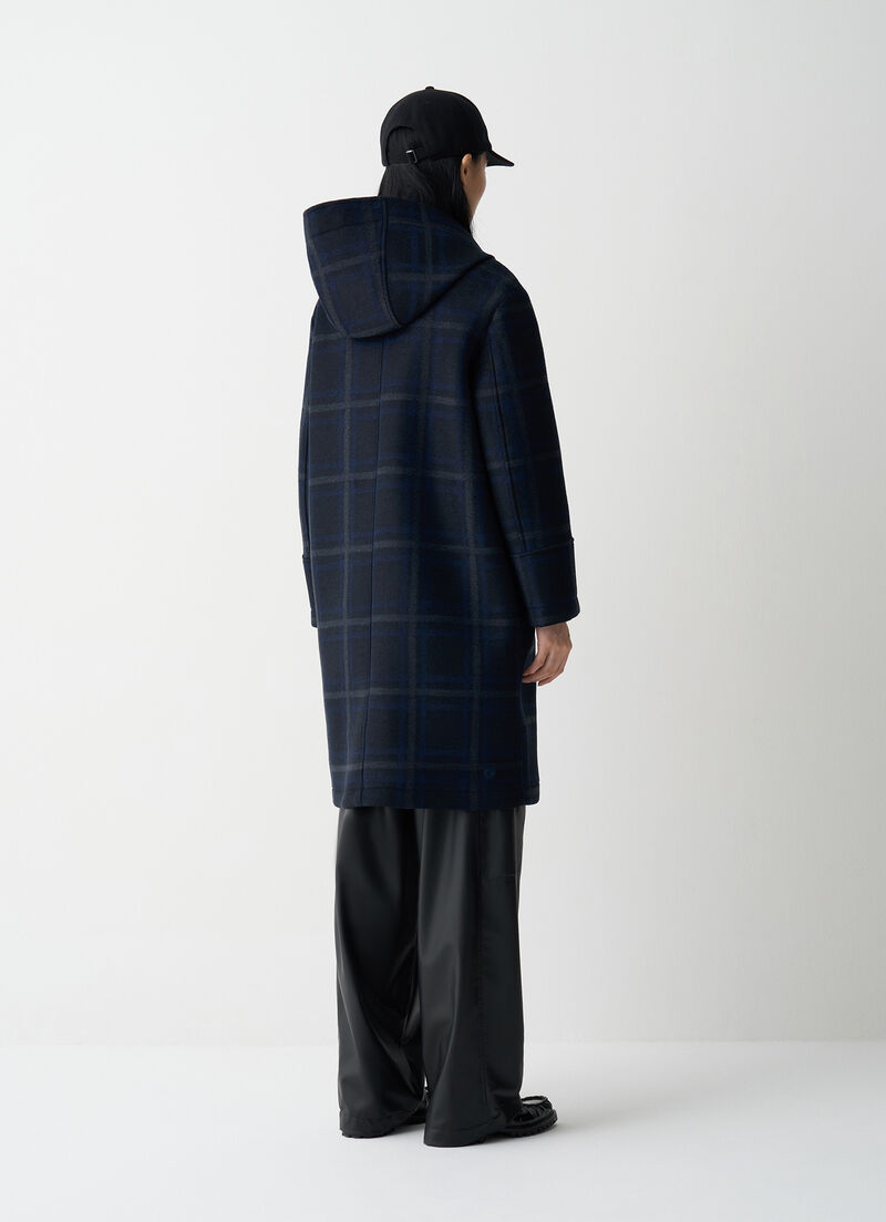 Long check hooded coat