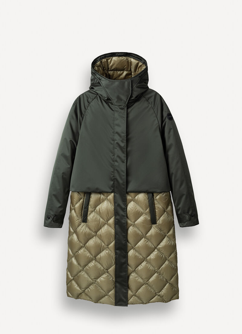 Colour-block down-padded maxi-jacket