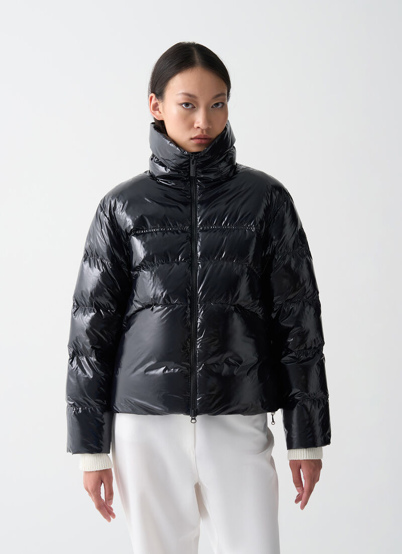 Glossy down jacket with high collar