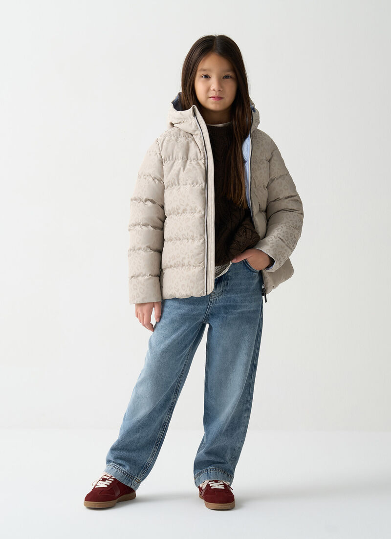 Animal-print hooded down jacket