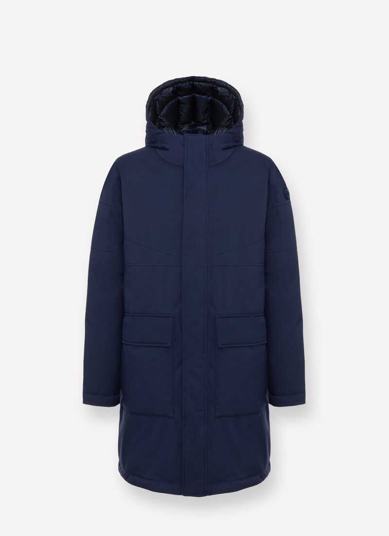 Long twill down jacket with patch pockets.