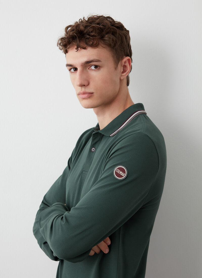 Long-sleeved polo shirt in stretch piqué