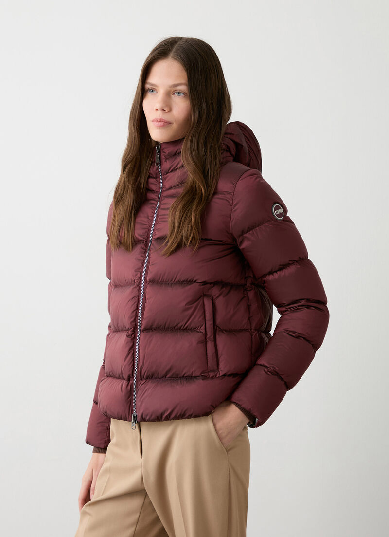 Down jacket with detachable hood and drawstring