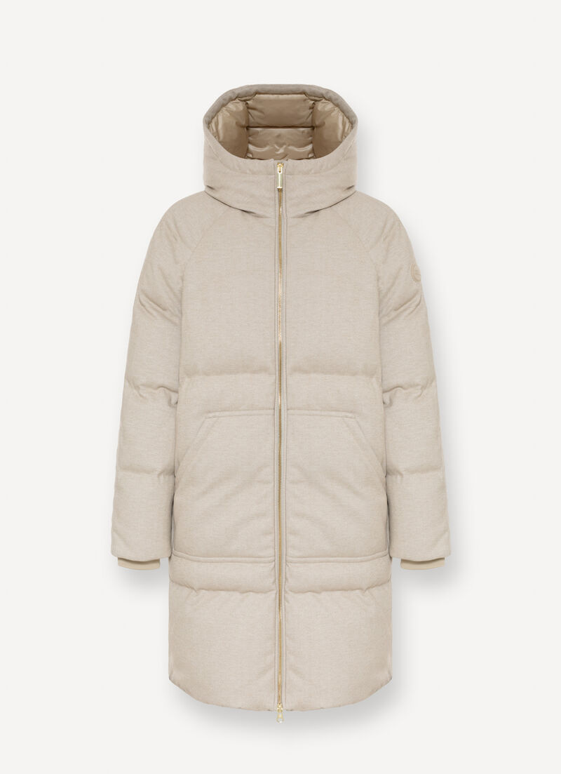 Long down jacket with chevron pattern