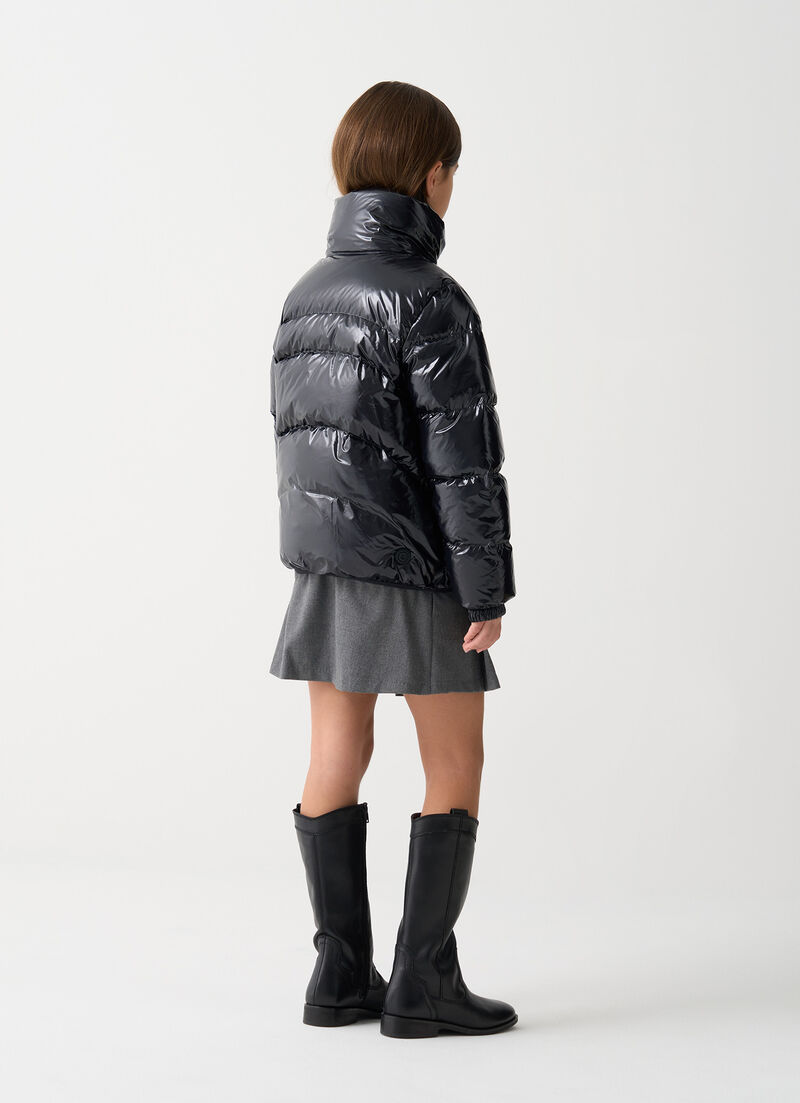 Glossy down jacket with high collar