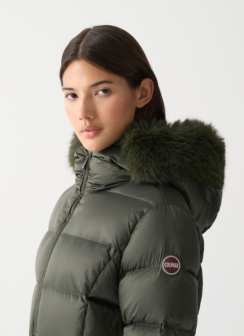 Long down jacket with faux fur