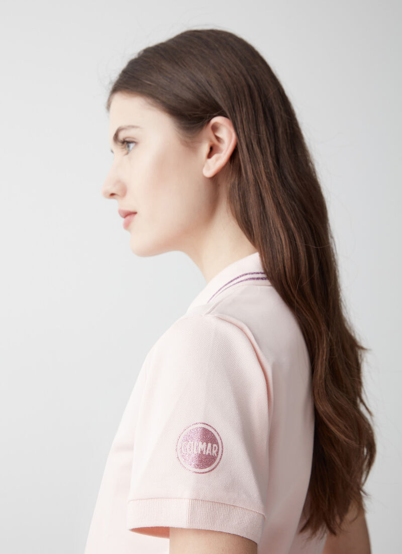 Stretch piqué fabric polo shirt with glitter logo