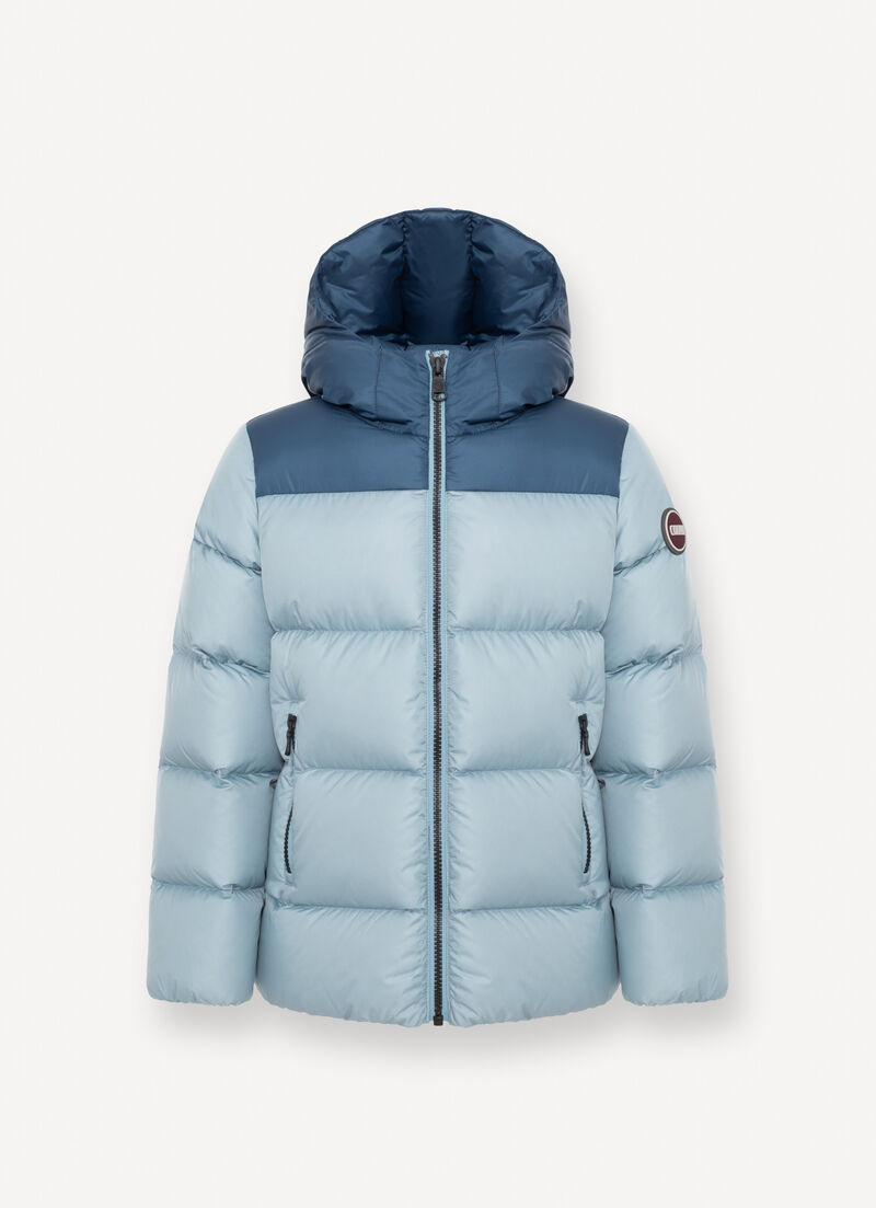 Two-tone hooded down jacket