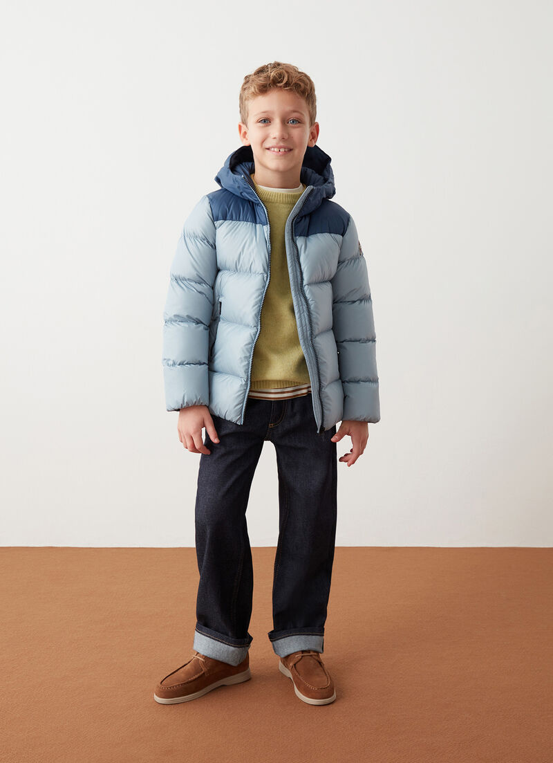 Two-tone hooded down jacket