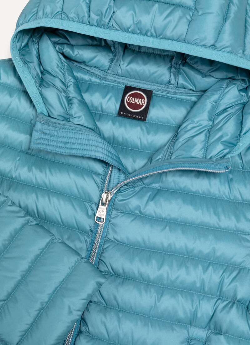 Down jacket with elasticated hem