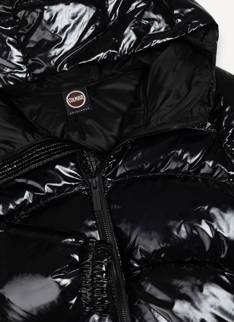 Glossy hooded down jacket
