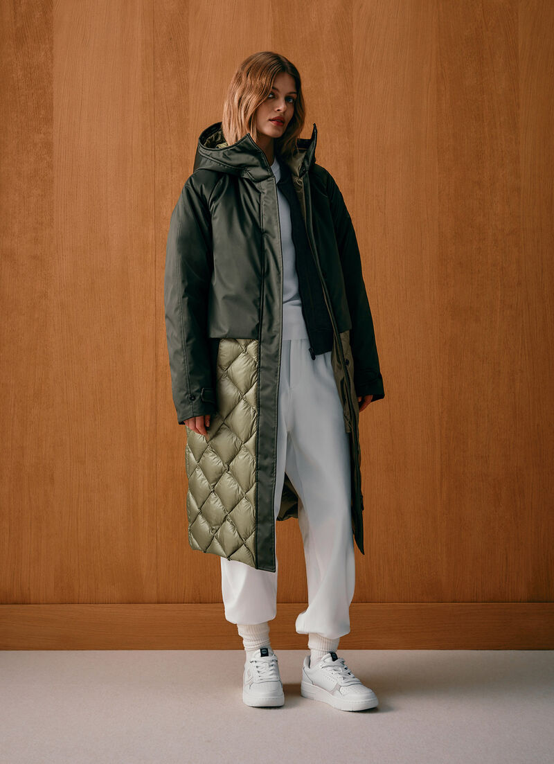 Colour-block down-padded maxi-jacket