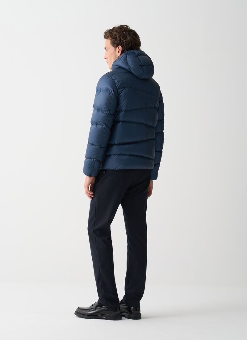 Hooded down jacket with wavy quilting