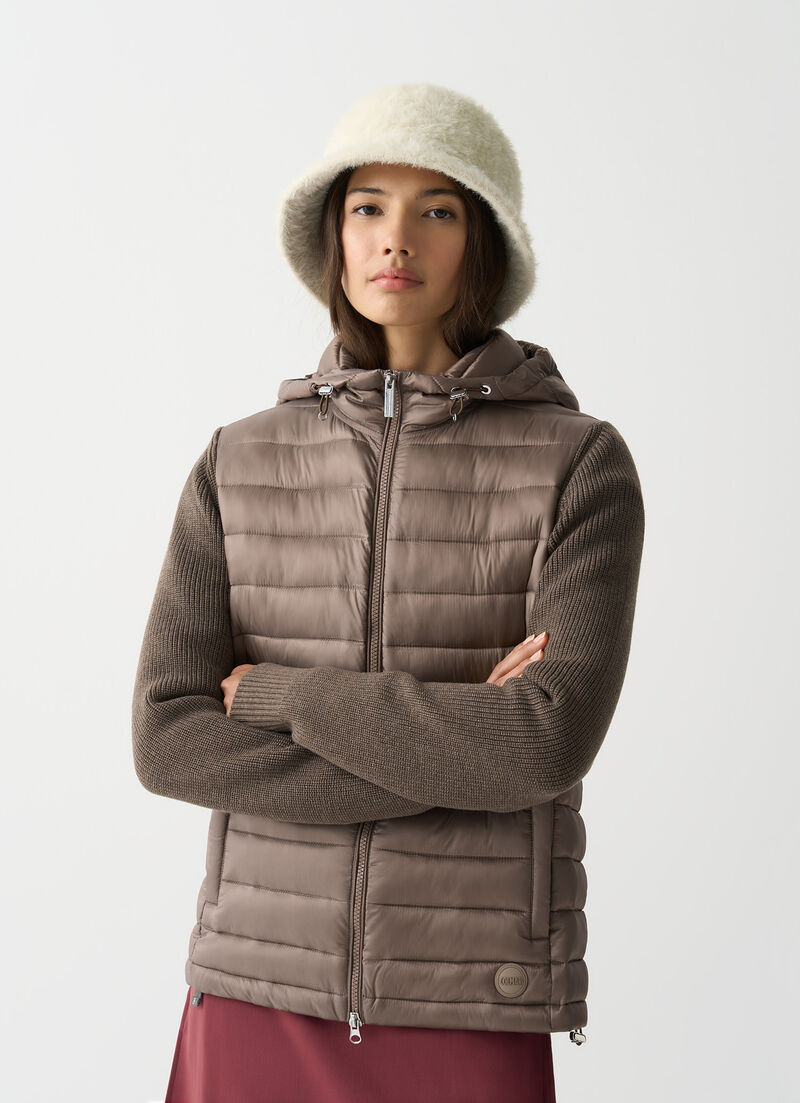 Hooded jacket with knit sleeves