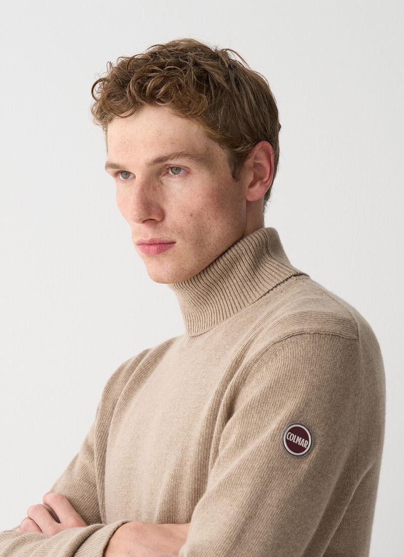 Branded wool polo-neck pullover