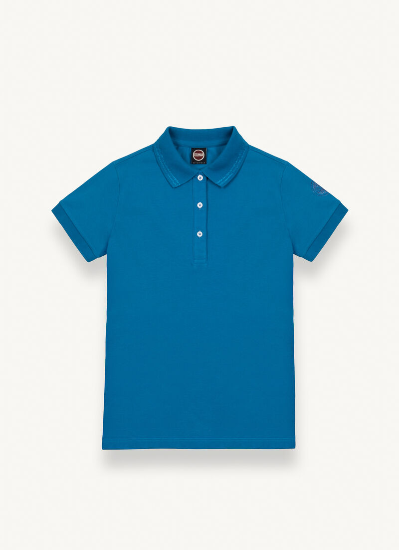Stretch piqué fabric polo shirt with glitter logo